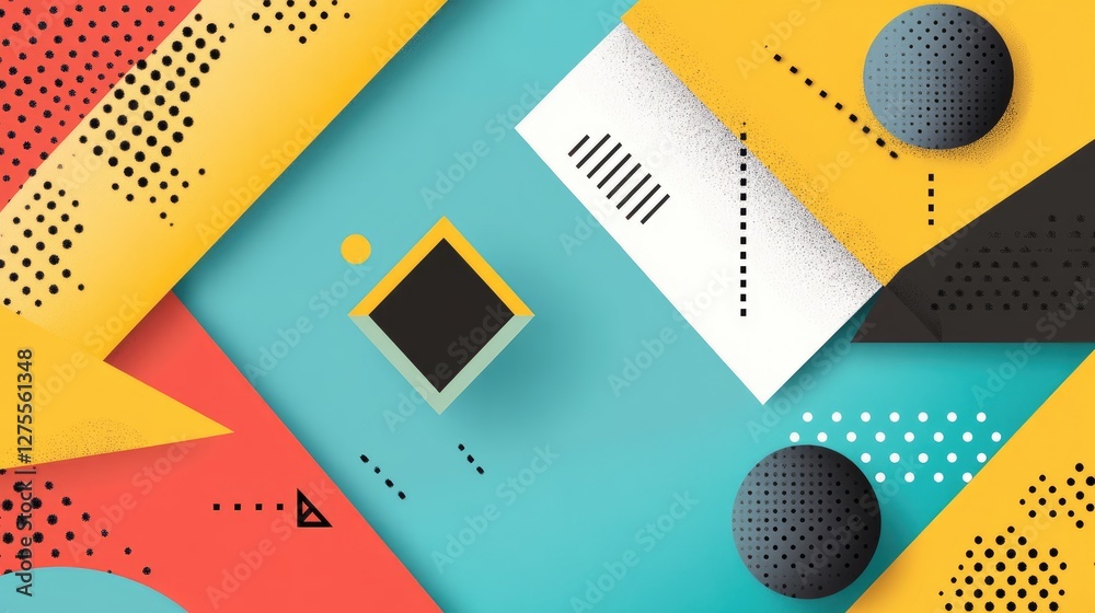 Poster abstract background of vivid diagonal lines combined with geometric shapes like squares and circles,