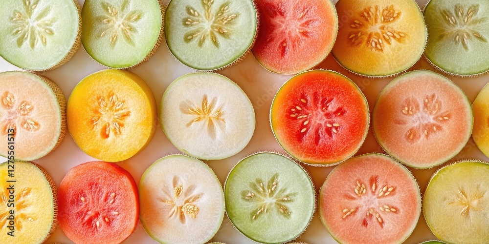 Poster aerial view of colorful sliced melons in shades of yellow, green, and orange arranged symmetrically 