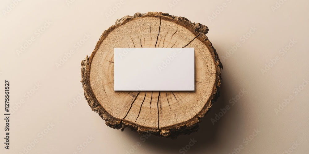 Aufkleber blank business card placed on a round wooden log with natural texture against a soft beige backgroun