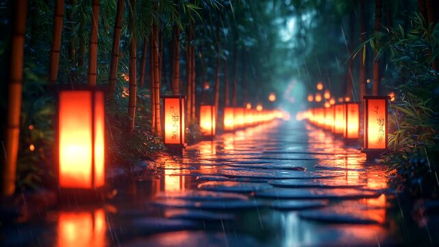 Lantern-lit stone pathway surrounded by bamboo forest during misty evening. Seamless looping 4K time-lapse animation video background