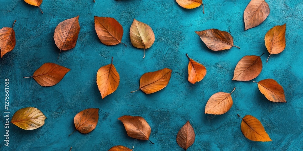 Poster autumn leaves in warm orange hues scattered on a textured blue background viewed from above create a