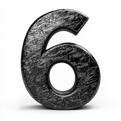Number 6 made of dark graphite with a rough scratched texture isolated on a clean white background