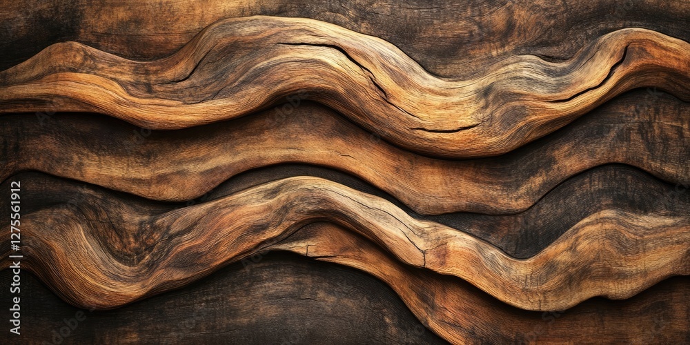 Aufkleber Textured wooden backdrop featuring wavy, abstract patterns in rich browns and deep blacks creating an organic and rustic visual appeal.