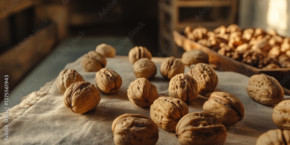 Aufkleber Scattered walnuts on a rustic table with natural lighting highlighting their texture, background with blurred shelled walnuts in a bowl