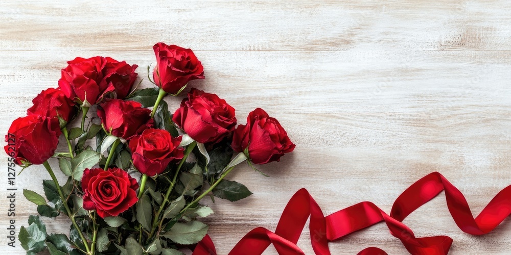 Aufkleber Vibrant red roses arranged elegantly on a textured wooden surface with flowing red ribbon creating a romantic and festive atmosphere