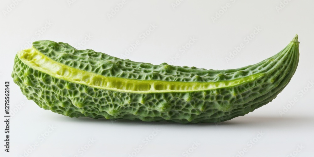 Poster Bitter melon in a horizontal position on a white background highlighting its textured green skin with a clean and minimalistic presentation
