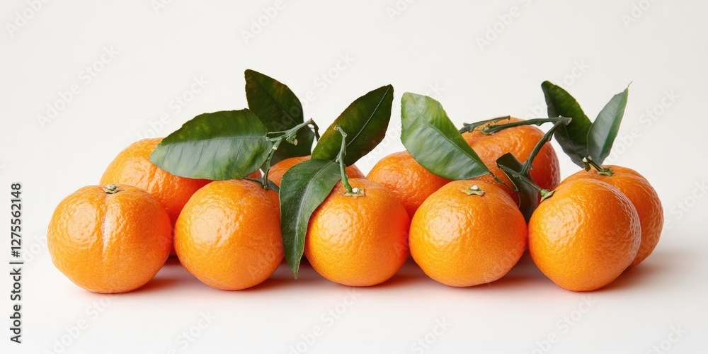 Aufkleber Fresh vibrant oranges arranged in a neat row with green leaves on a light neutral background creating a clean and appetizing visual.