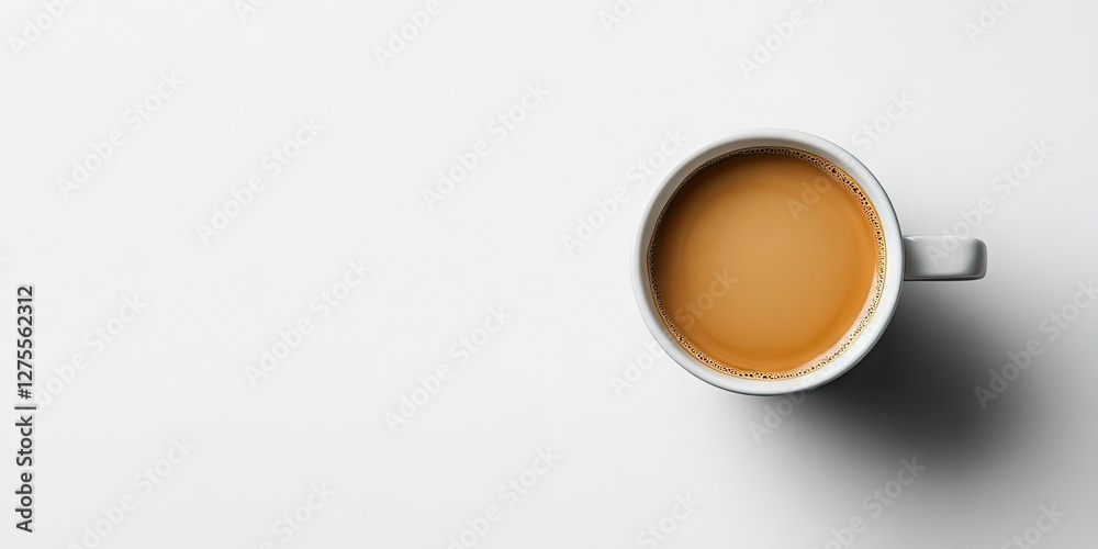 Poster Cup of steaming coffee positioned on a clean white background with a minimalist design emphasizing the rich brown color and smooth texture of the drink.