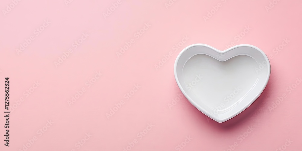 Poster Heart-shaped white dish on soft pink background centered for text placement. Ideal for showcasing cherished items and creating a romantic ambiance.
