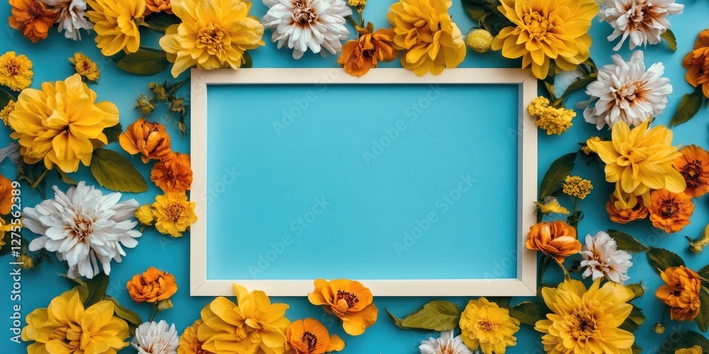 Poster vibrant yellow and white flowers framing a blank white picture frame on a bright turquoise backgroun
