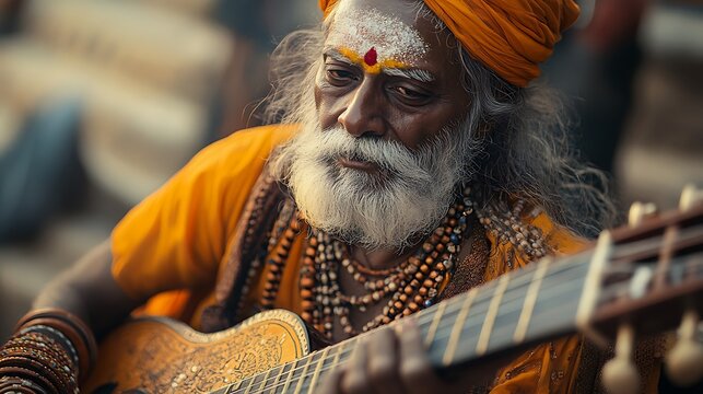 A Baul Sadhu playing a traditional ektara, his vibrant attire decorated with beads and amulets, deep emotion in his eyes as he sings devotional songs, golden-hour lighting, expressive storytelling,