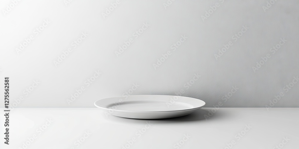 Fototapete a minimalistic white plate centered on a light gray surface with a seamless white background highlig