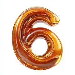 Number 6 made of glossy melted caramel with a rich golden hue isolated on a clean white background