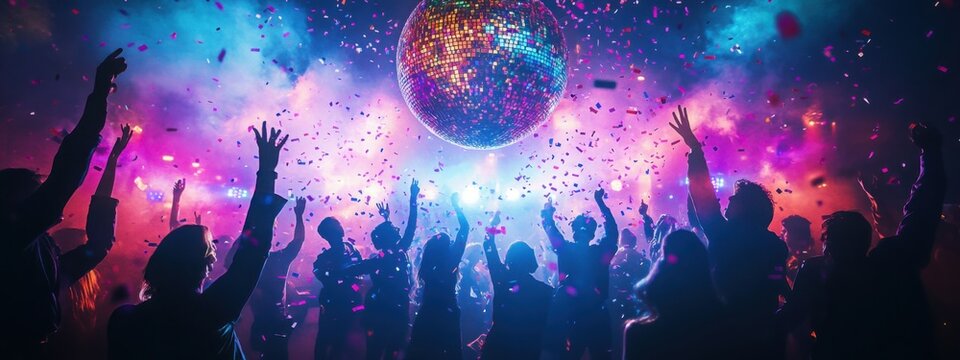 Vibrant dance party with disco ball and colorful neon lights in full swing. Generative AI