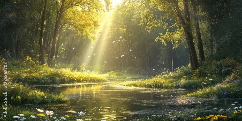 Poster sunlit forest scene with golden rays illuminating a serene river, surrounded by vibrant greenery and