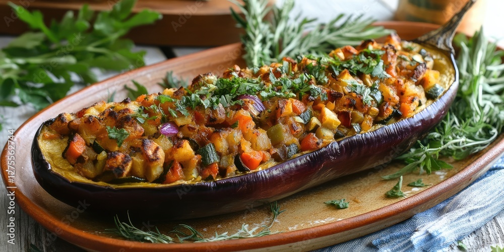 Aufkleber stuffed eggplant with colorful vegetable filling garnished with fresh herbs on a rustic wooden table