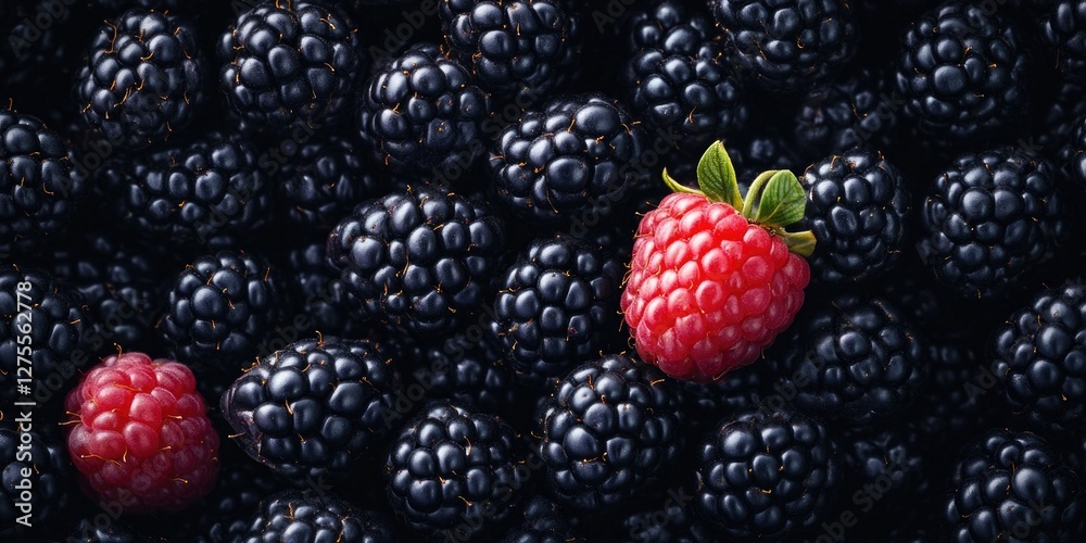 Poster Vibrant red raspberry positioned prominently among a dark cluster of blackberries highlighting its distinct color and freshness within the composition