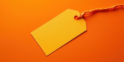 Blank yellow price tag with a hole and twine on an orange background creating a vibrant and eye-catching space for custom text or information.