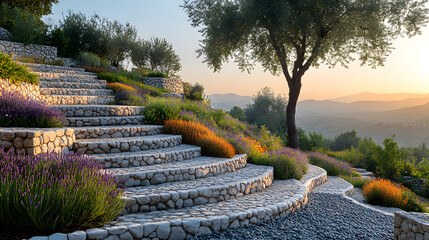 Stunning terraced garden with blooming lavender and olive trees at sunset in the countryside