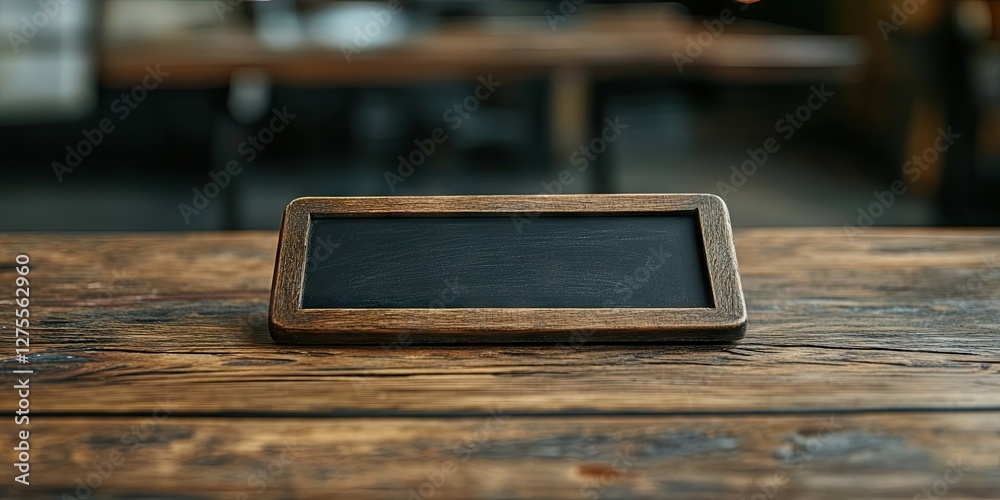 Aufkleber rustic wooden chalkboard with a dark surface placed on a weathered wooden table in a cozy setting wi