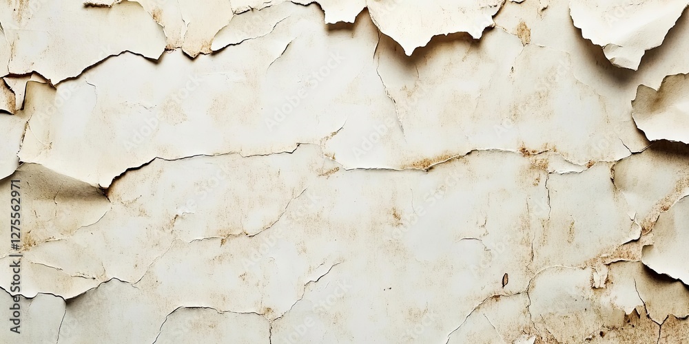 Poster peeling white paint on a textured wall with brown stains and cracks, background image with a distres