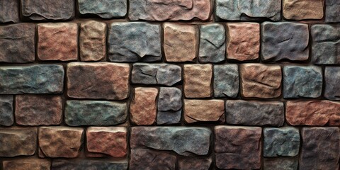 Obraz premium Colored stone wall texture featuring brown, gray, and blue tones arranged in a rustic staggered pattern, ideal for background use in various designs.