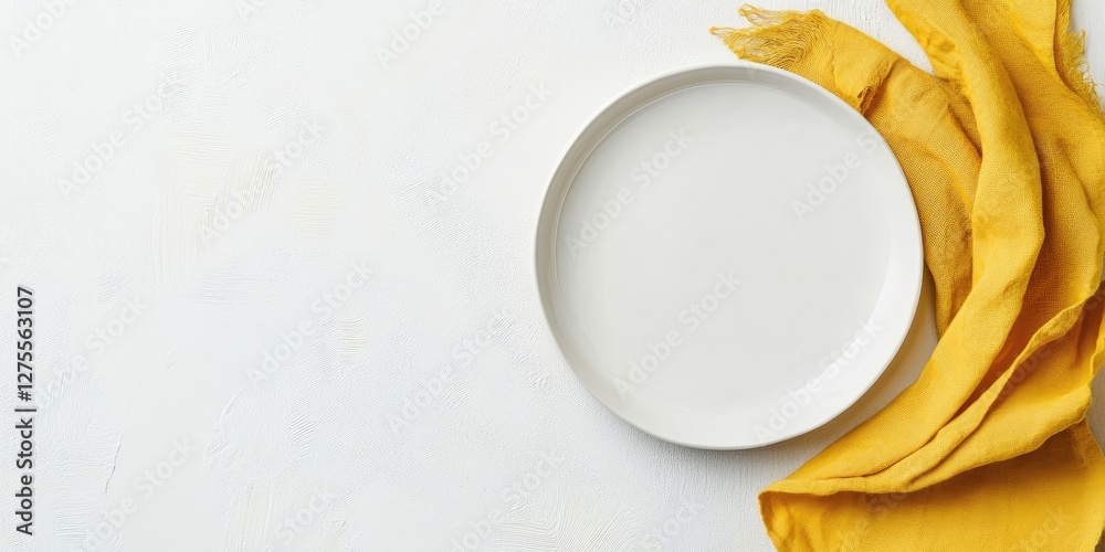 Poster empty white ceramic plate positioned on the right with a soft yellow napkin draped on the left again