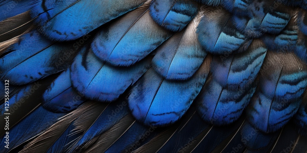 Aufkleber vibrant blue and black jay feathers arranged in a layered texture, showcasing intricate patterns and