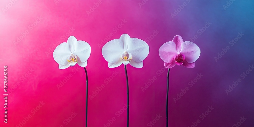 Poster Orchids in shades of white and pink arranged gracefully against a gradient background transitioning from pink to purple creating a serene ambiance.