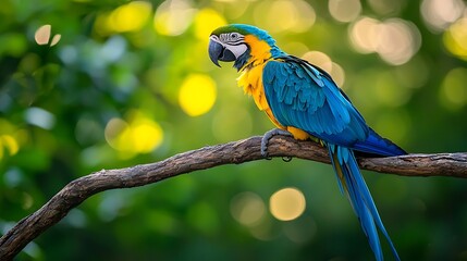 Fototapeta premium Colorful macaw perched on a branch against a blurry green background, ideal for wildlife projects