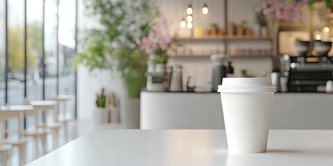 Cozy coffee shop interior featuring a white takeout cup on a minimalist table with greenery and soft lighting in the background