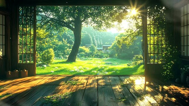 Serene traditional Japanese house with open garden view illuminated by sunlight. Seamless looping 4K time-lapse animation video background
