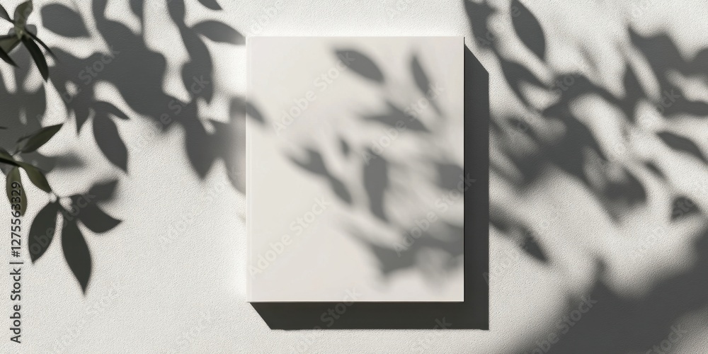 Poster minimalist notepad template with soft gray background and artistic leaf shadows creating depth and c