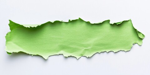 Fototapeta premium Ripped green paper strip positioned horizontally against a clean white background showcasing textured edges and vibrant color contrast.