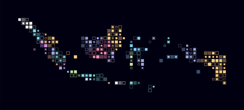 Indonesia, shape of the country built of colored cells. Digital style map of Indonesia on a dark background. Small size square blocks. Awesome vector illustration.