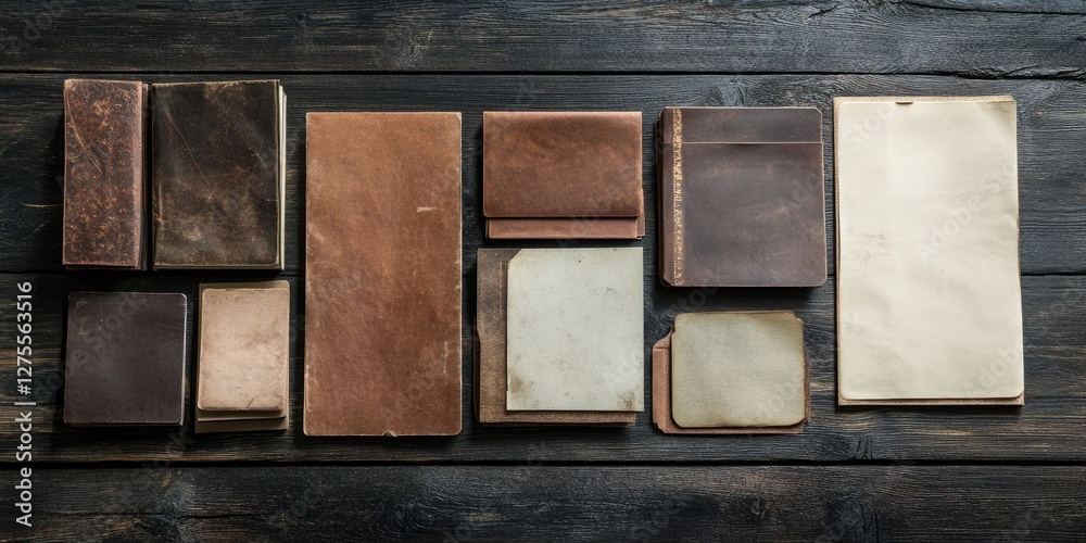 Aufkleber vintage stationery collection in various brown leather and parchment textures arranged neatly on a d