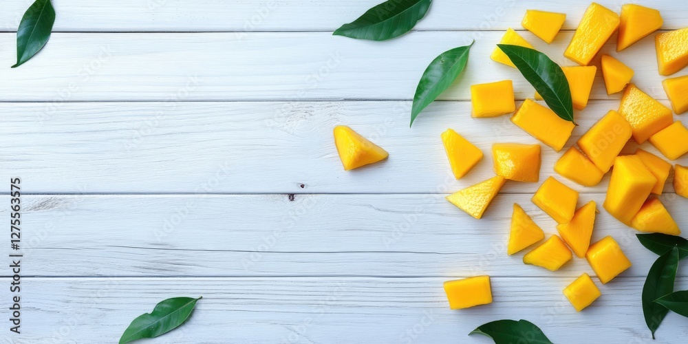 Poster fresh mango cubes scattered on a light wooden surface with green leaves, creating a vibrant contrast