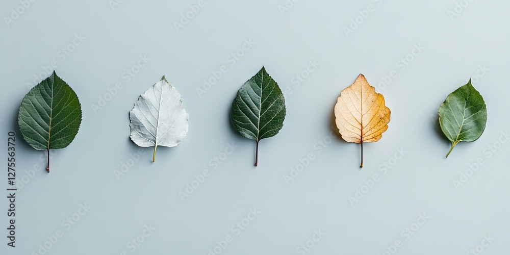Leinwandbilder minimalist flat lay of five leaves arranged in a gradient from green to brown on a soft gray backgro