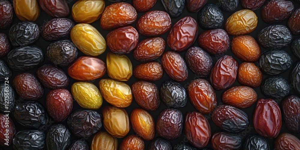 Poster Colorful assortment of exotic dates in shades of brown black yellow and red tightly packed on a dark surface creating a visually appealing texture