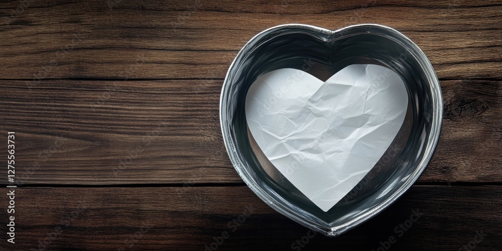 Aufkleber Silver heart-shaped container on a wooden table with a crumpled white paper heart inside, emphasizing love and sentimentality in a rustic setting.