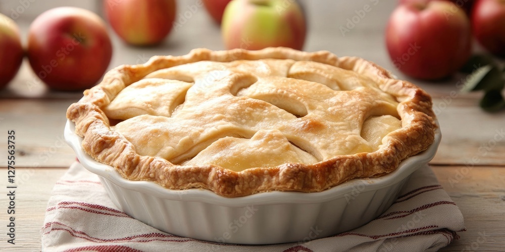 Aufkleber warm golden-brown apple pie in white dish with lattice crust, surrounded by fresh red apples on rust