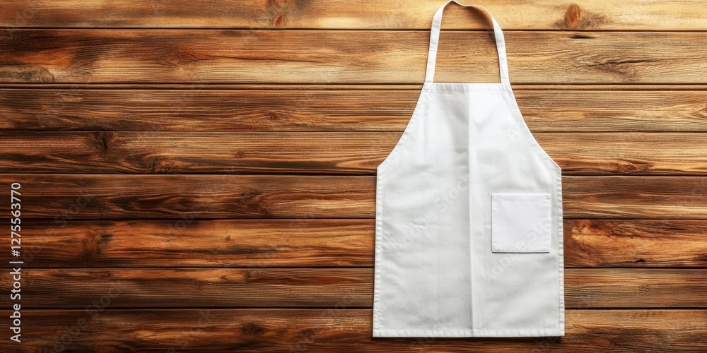 Poster White apron positioned diagonally on a rustic wooden surface with ample space for text showcasing kitchen apparel mockup ideal for cooking themes.