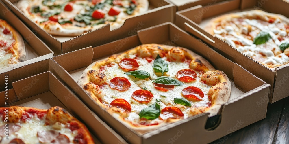 Poster Collection of assorted pizza boxes arranged in a grid display showcasing vibrant pizzas topped with basil, pepperoni, and fresh ingredients.