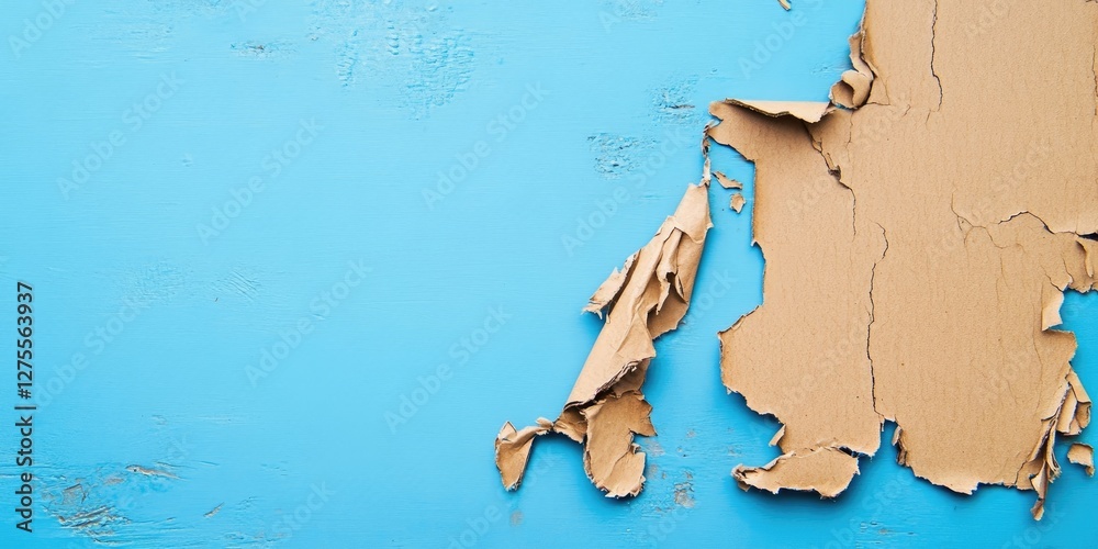 Leinwandbilder Torn cardboard fragment positioned on the right against a vibrant blue textured backdrop creating a striking contrast and depth in the composition