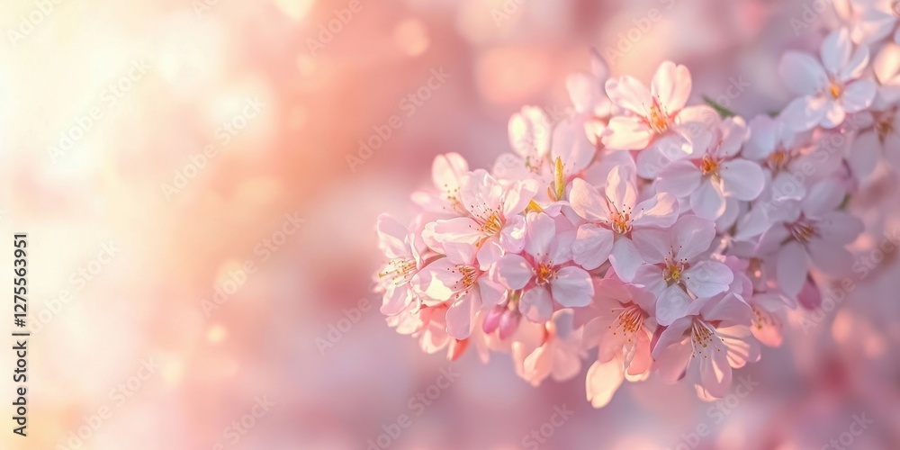 Fototapete delicate cluster of pink cherry blossoms on a sakura tree with soft golden background light, ample c
