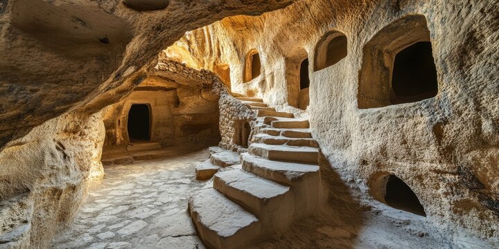 Ancient stone cave houses with carved steps illuminated by warm light showcase unique architecture and rich history in a captivating underground landscape