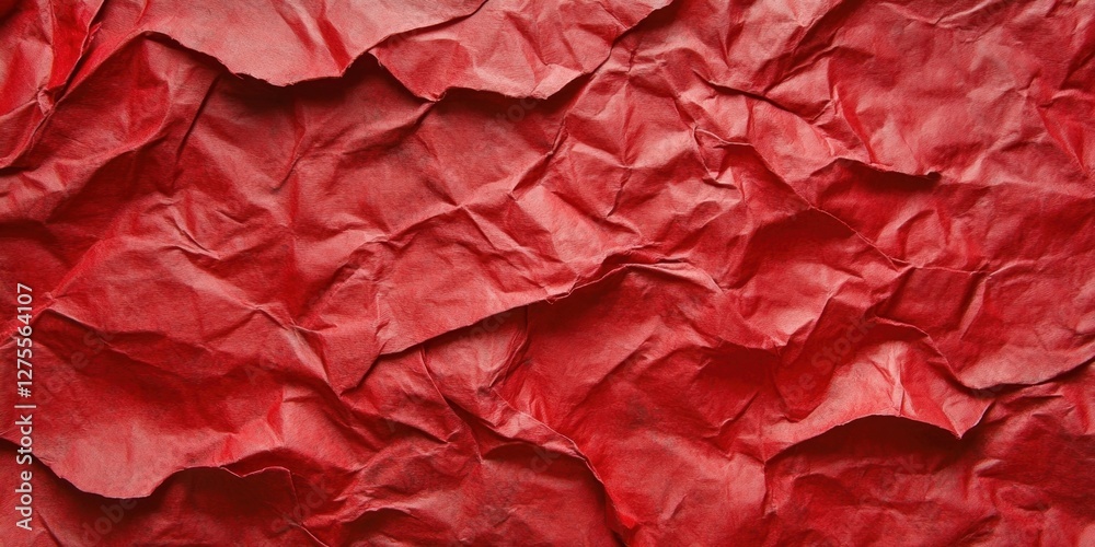 Fototapete Crumpled red recycled paper texture with deep shadows and highlights, showcasing various shades of red in a chaotic yet artistic arrangement.
