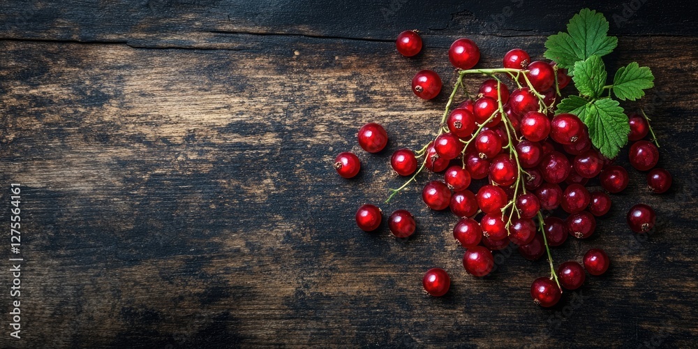 Poster vibrant red currants scattered on rustic dark wood background with green leaves positioned at the to
