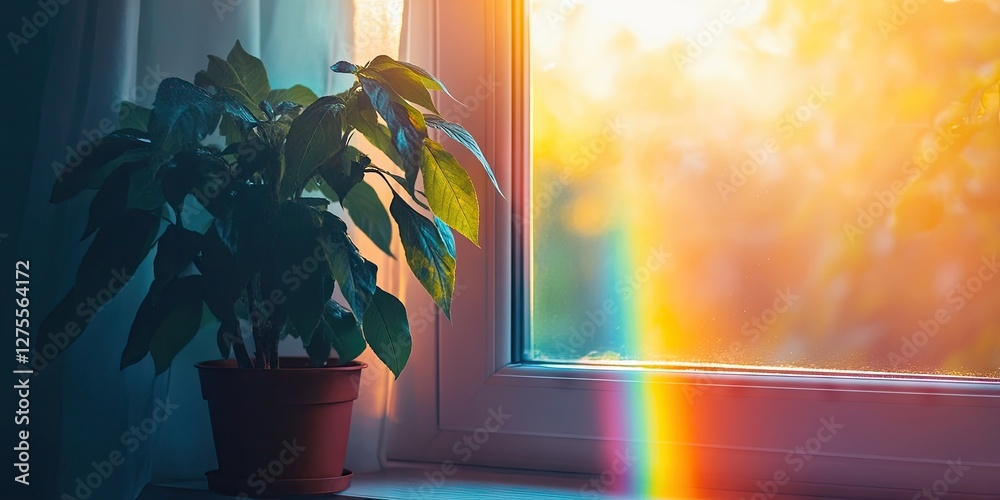 Poster vibrant rainbow refracting through a sunlit window with lush green plant in terracotta pot positione