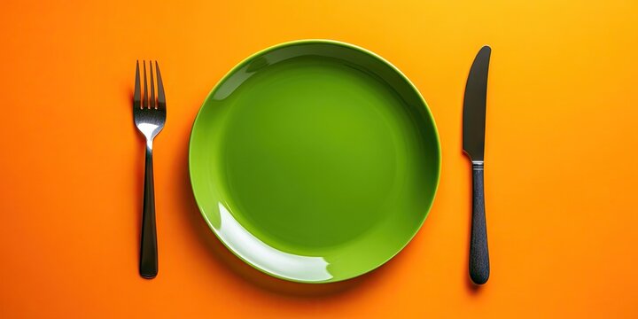 Green ceramic plate centered on vibrant orange background with stainless steel fork on left and black knife on right, minimalist dining setup.